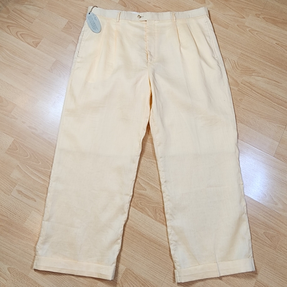 NWT Mojito 100% Linen Yellow Pleated Pants Men's Size 44 (29" Inseam) Cuffed